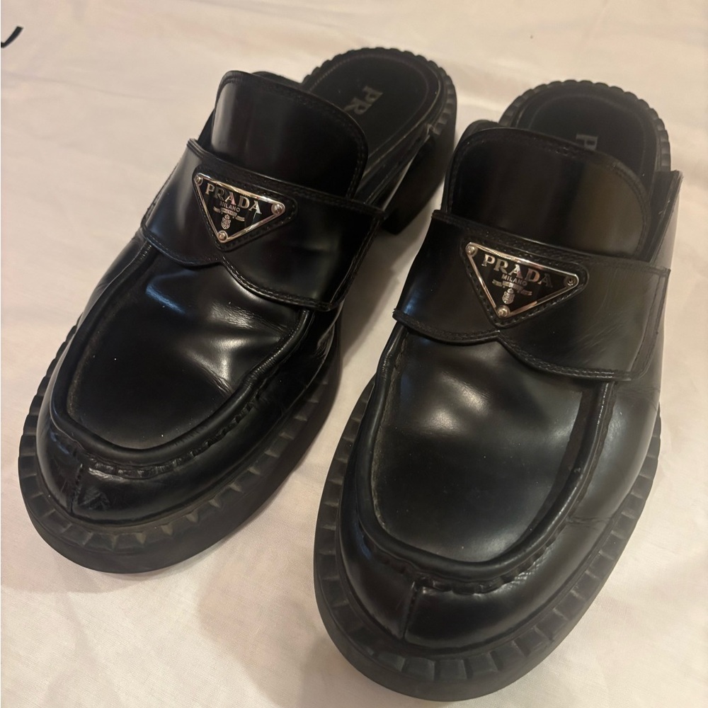 Prada Black Leather Slip-On Loafers - Picture 1 of 8